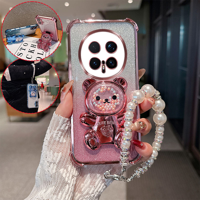 Phone Cases Honor - Cute Bear Cartoon Holder Pearl lanyard